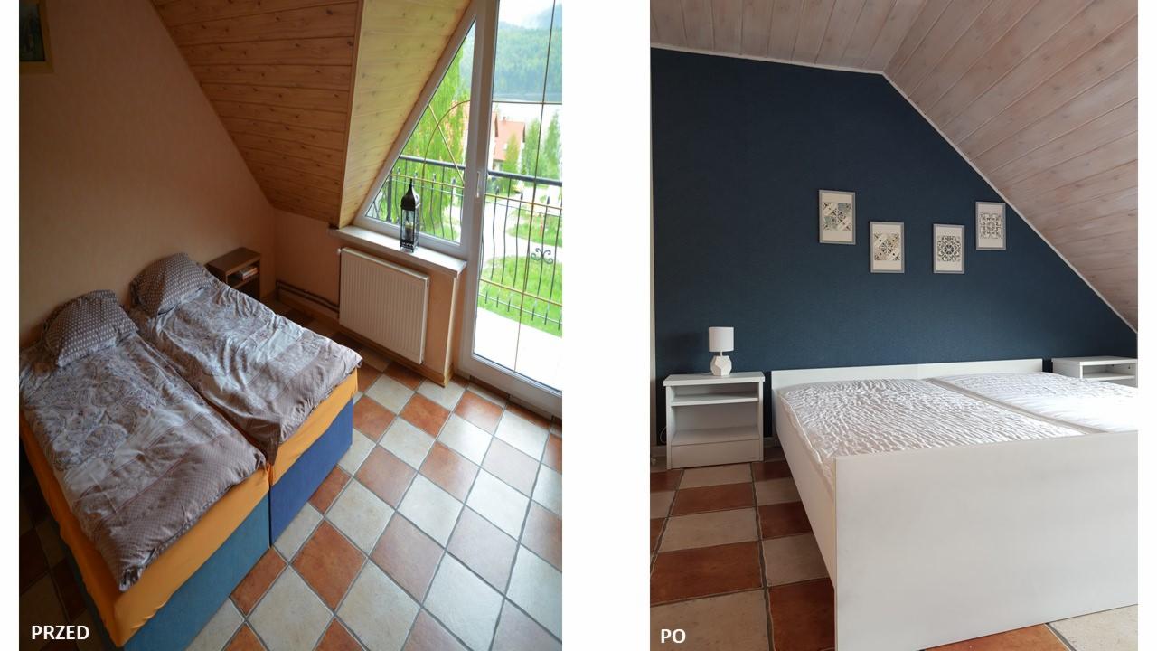 Pokój na poddaszu przed i po metamorfozie: od pomarańczowo-brązowych ścian i wzorzystej pościeli do granatowej ściany z białymi dodatkami i prostą białą pościelą.