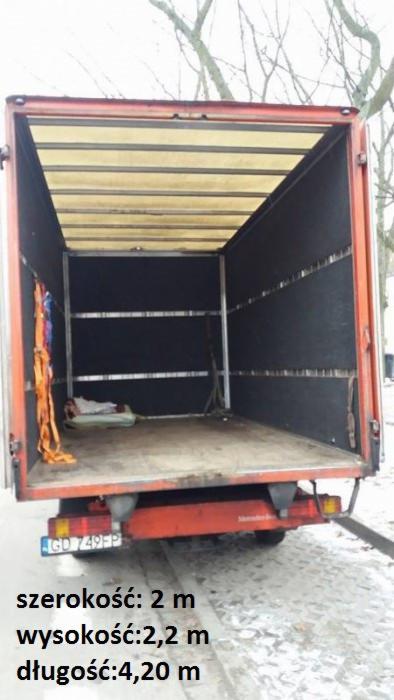 Pusta przestrzeń ładunkowa samochodu dostawczego z otwartymi drzwiami, widoczne pasy transportowe i mały pakunek, zimowa sceneria w tle.