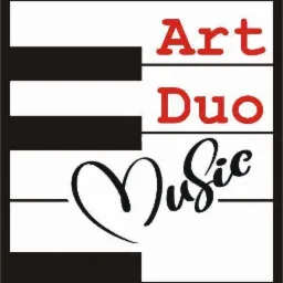 Grafika z napisem Art Duo Music, stylizowana na klawiaturę fortepianu i symbol serca.
