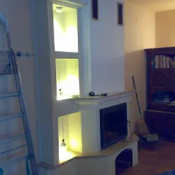 Nowoczesny biały kominek narożny z wnękami oświetlonymi punktowymi lampami, drabina oparta o ścianę po lewej stronie, widoczna szafka z książkami w tle.