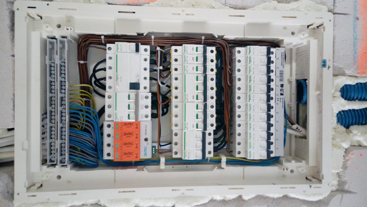 Rozdzielnica elektryczna z zabezpieczeniami, przewodami różnego koloru i listwami zaciskowymi, zamontowana w ścianie w trakcie prac wykończeniowych.