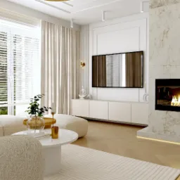 Jasne wnętrze salonu z kominkiem obłożonym marmurem, beżową sofą i stolikiem kawowym na tle okna z żaluzjami i zasłonami. Minimalistyczny design.