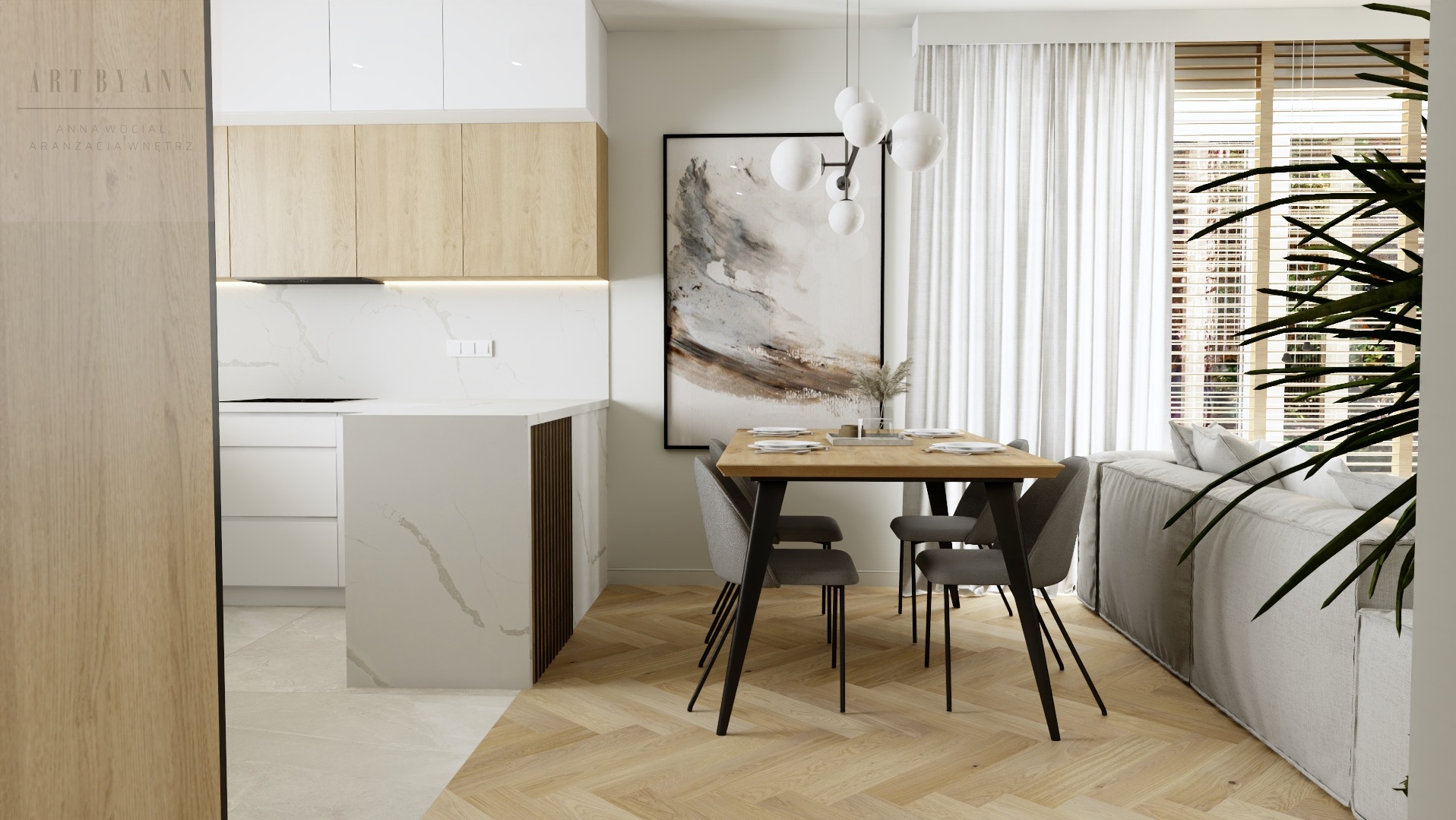 Jasne wnętrze: kuchnia z wyspą i jadalnia z drewnianym stołem. Na ścianie abstrakcyjny obraz, parkiet w jodełkę. Projekt w neutralnej palecie barw.