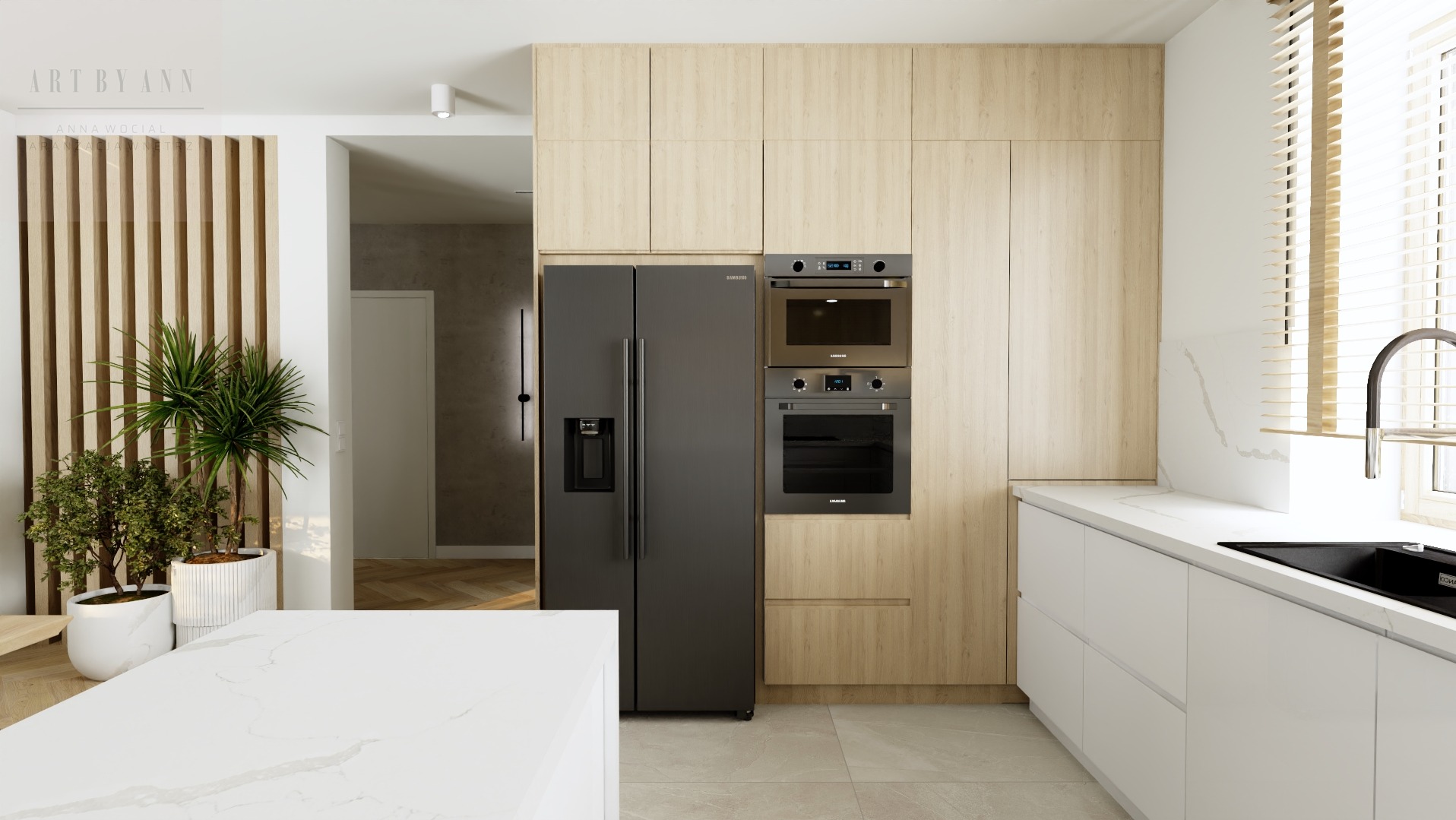 Jasna kuchnia w minimalistycznym stylu: drewniane szafki, czarna lodówka side-by-side, biały blat z marmurowym wzorem i rośliny w tle. Nowoczesne wykończenie.
