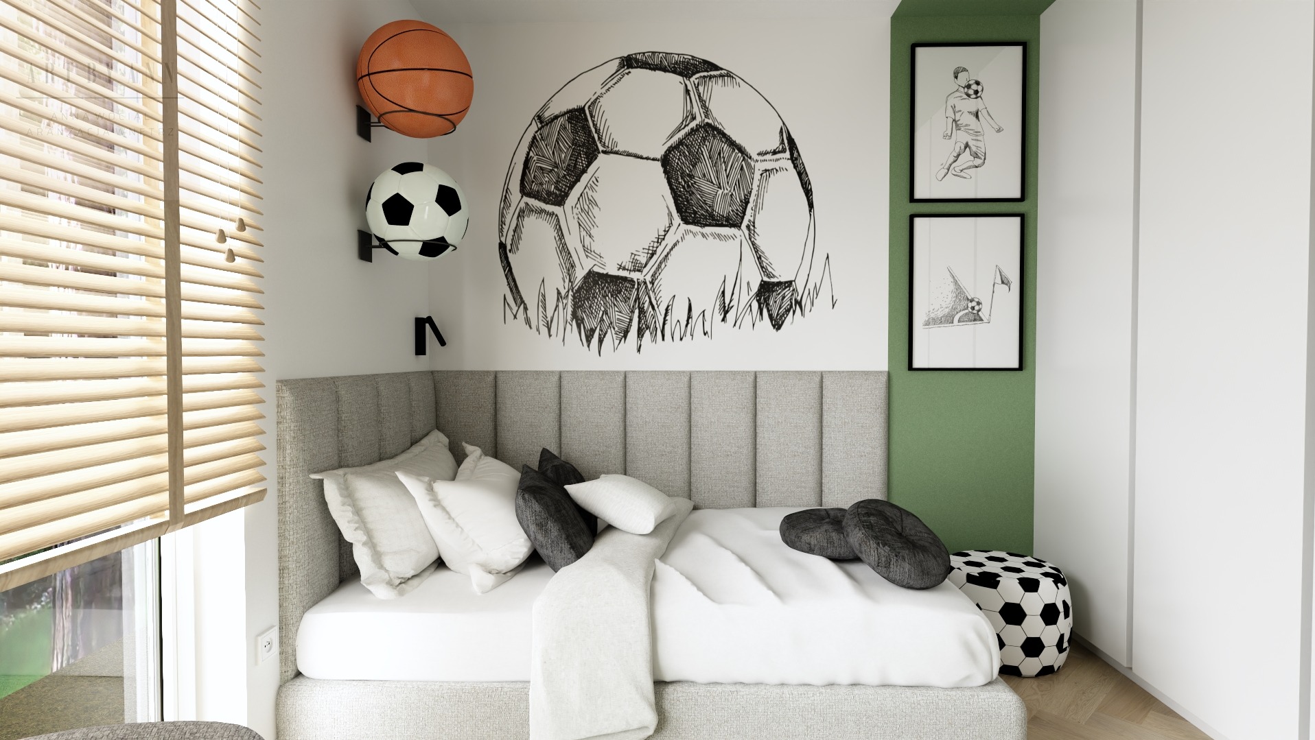 Pokój dziecięcy z łóżkiem, sportowymi akcentami: piłki na ścianie i rysunek piłki nożnej. Stonowana kolorystyka, drewniane żaluzje w oknie.