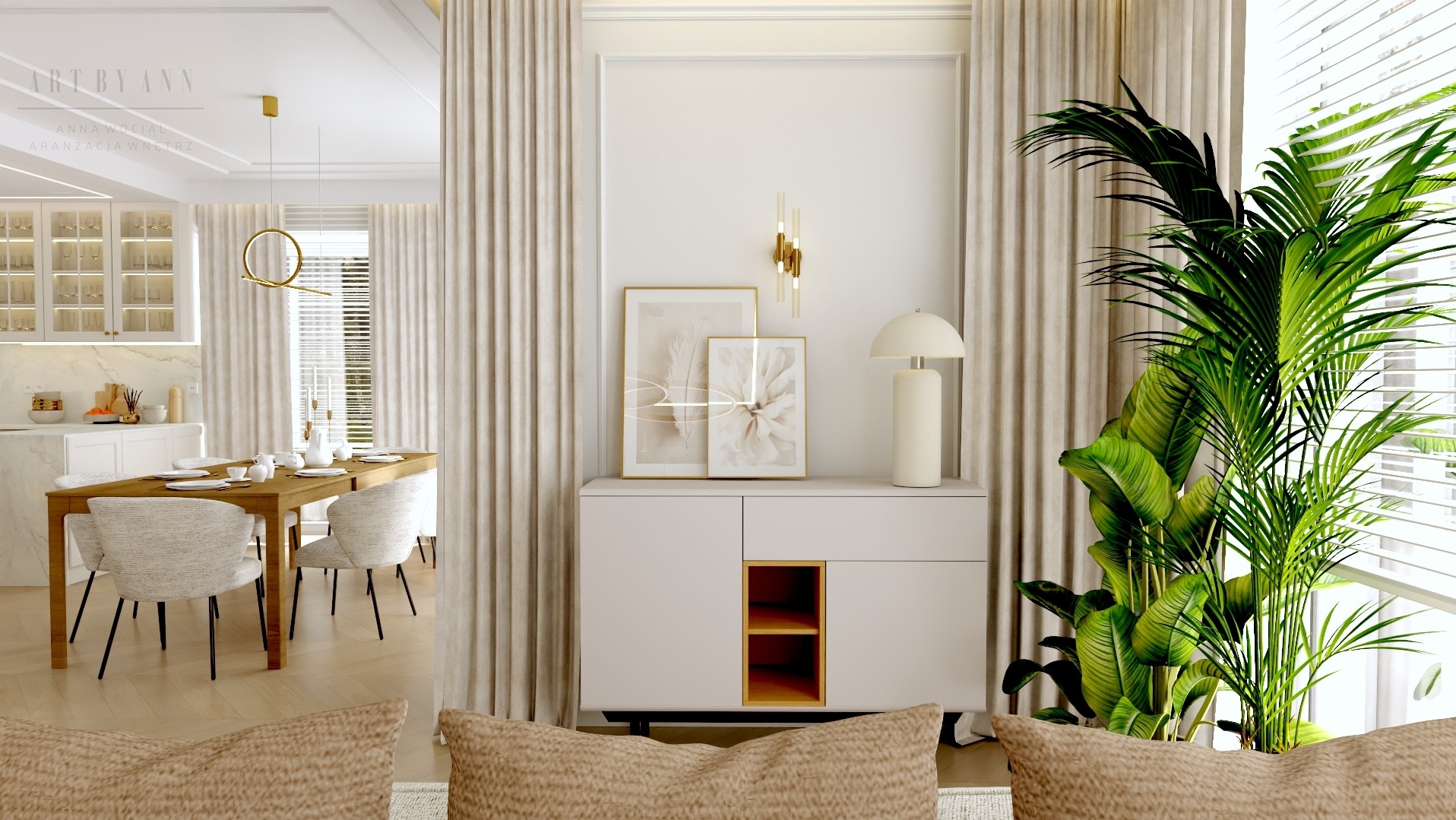 Jasne wnętrze: jadalnia z drewnianym stołem, krzesłami w stylu skandynawskim, komodą z dekoracjami i rośliną doniczkową przy oknie z żaluzjami.