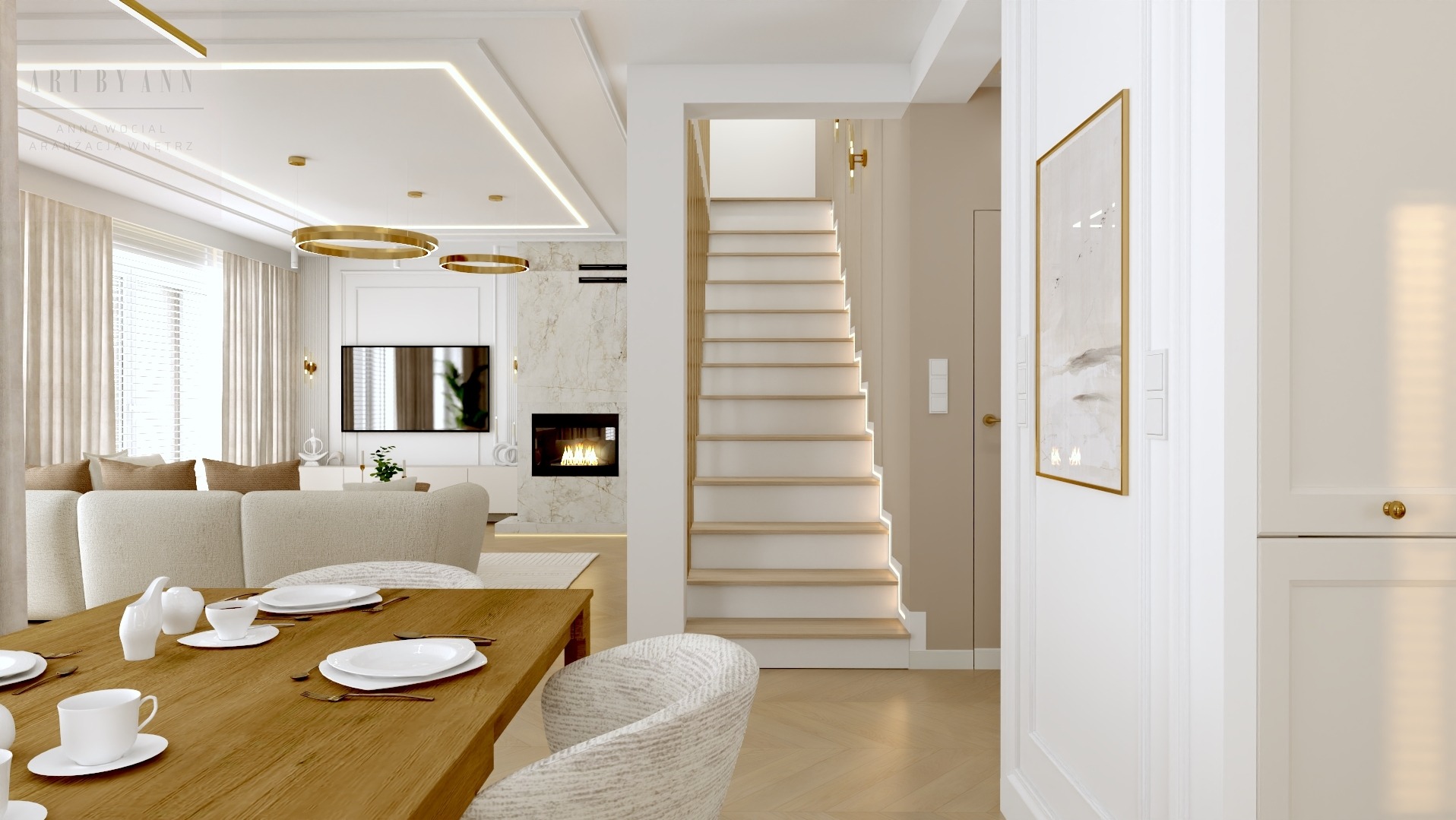 Eleganckie wnętrze: stół z zastawą, schody z oświetleniem LED i kominek z marmurowym wykończeniem. Subtelne oświetlenie i jasna kolorystyka tworzą harmonijną przestrzeń.