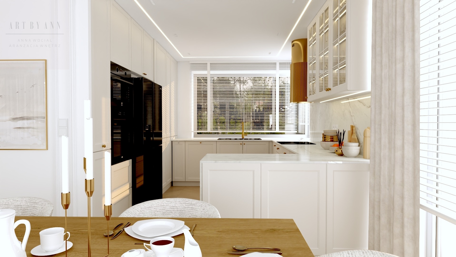 Jasna kuchnia z wyspą, złote akcenty, stół z zastawą. Minimalistyczny design, duże okno z żaluzjami. Nowoczesne oświetlenie podkreśla aranżację wnętrza.