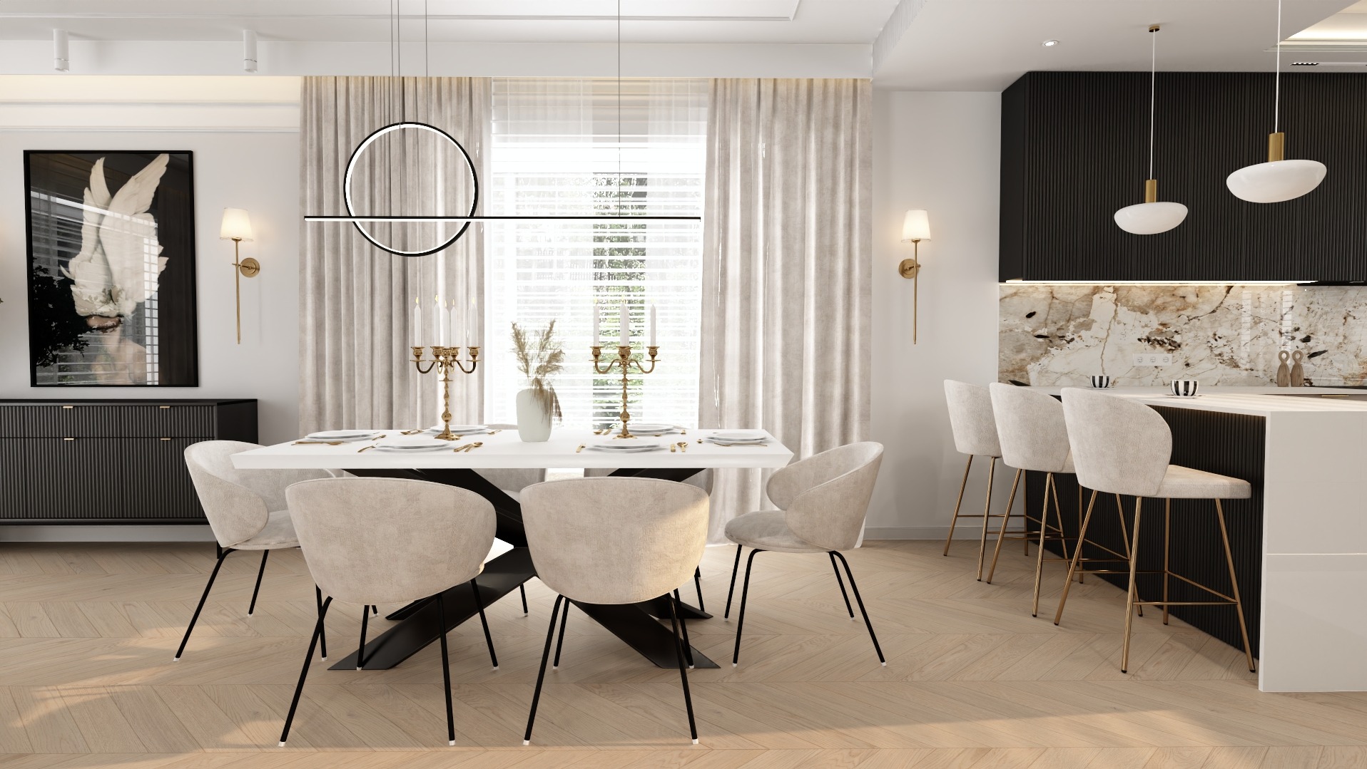 Jasna jadalnia z białym stołem na czarnej podstawie, krzesłami w odcieniach beżu i nowoczesnym oświetleniem. W tle marmurowa ściana i czarne szafki.