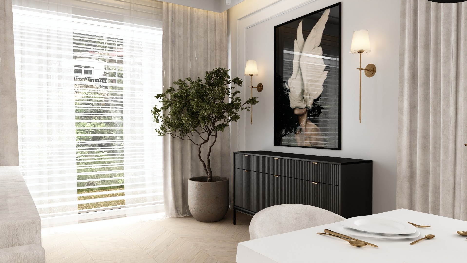 Eleganckie wnętrze jadalni z czarną komodą, artystycznym obrazem, rośliną w doniczce i białym stołem z nakryciem. Stonowana kolorystyka, nowoczesny design.