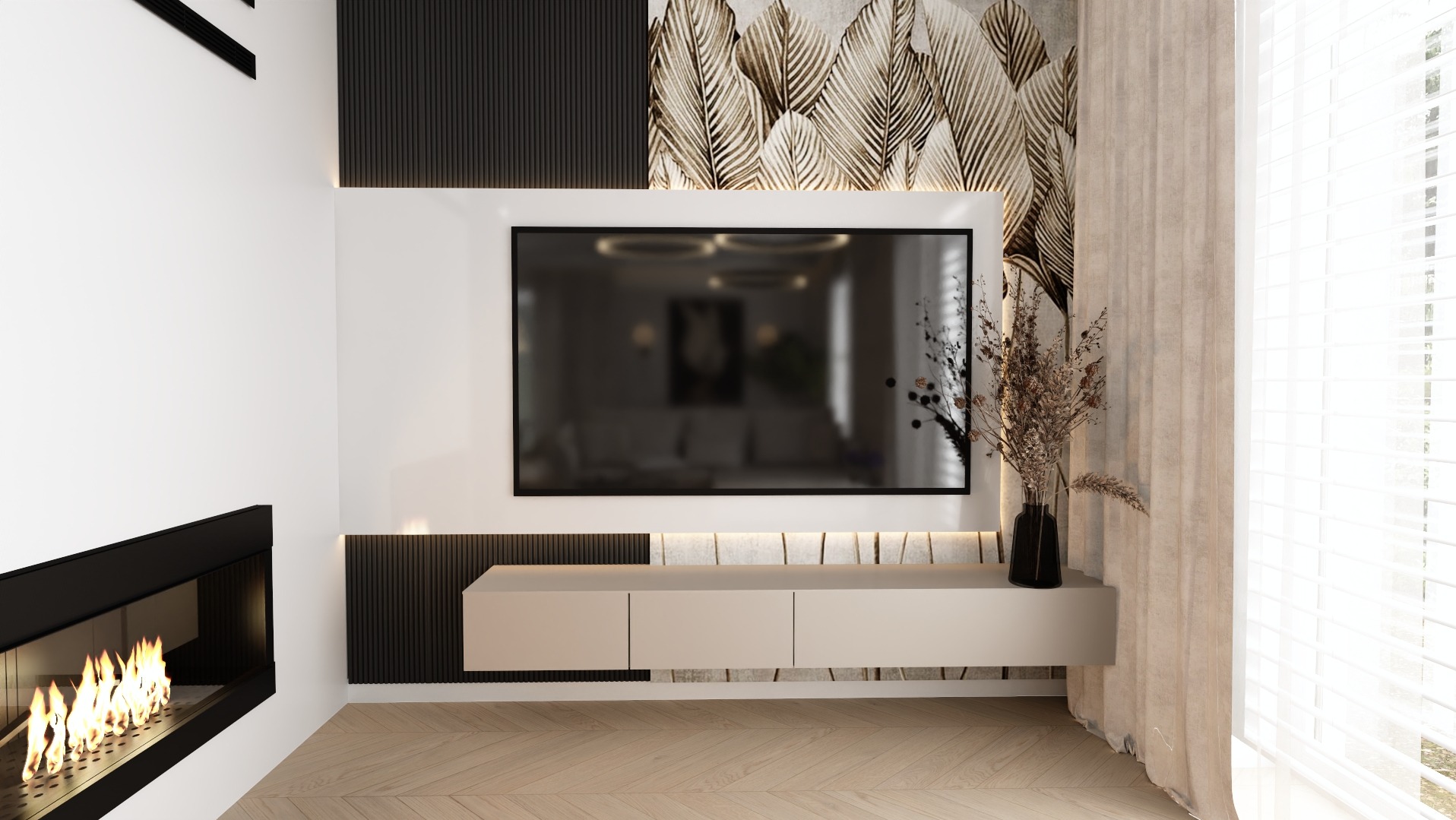Elegancki salon z kominkiem, telewizorem i dekoracyjną ścianą w liście. Beżowa szafka RTV i drewniana podłoga tworzą spójną całość. Nowoczesny design.