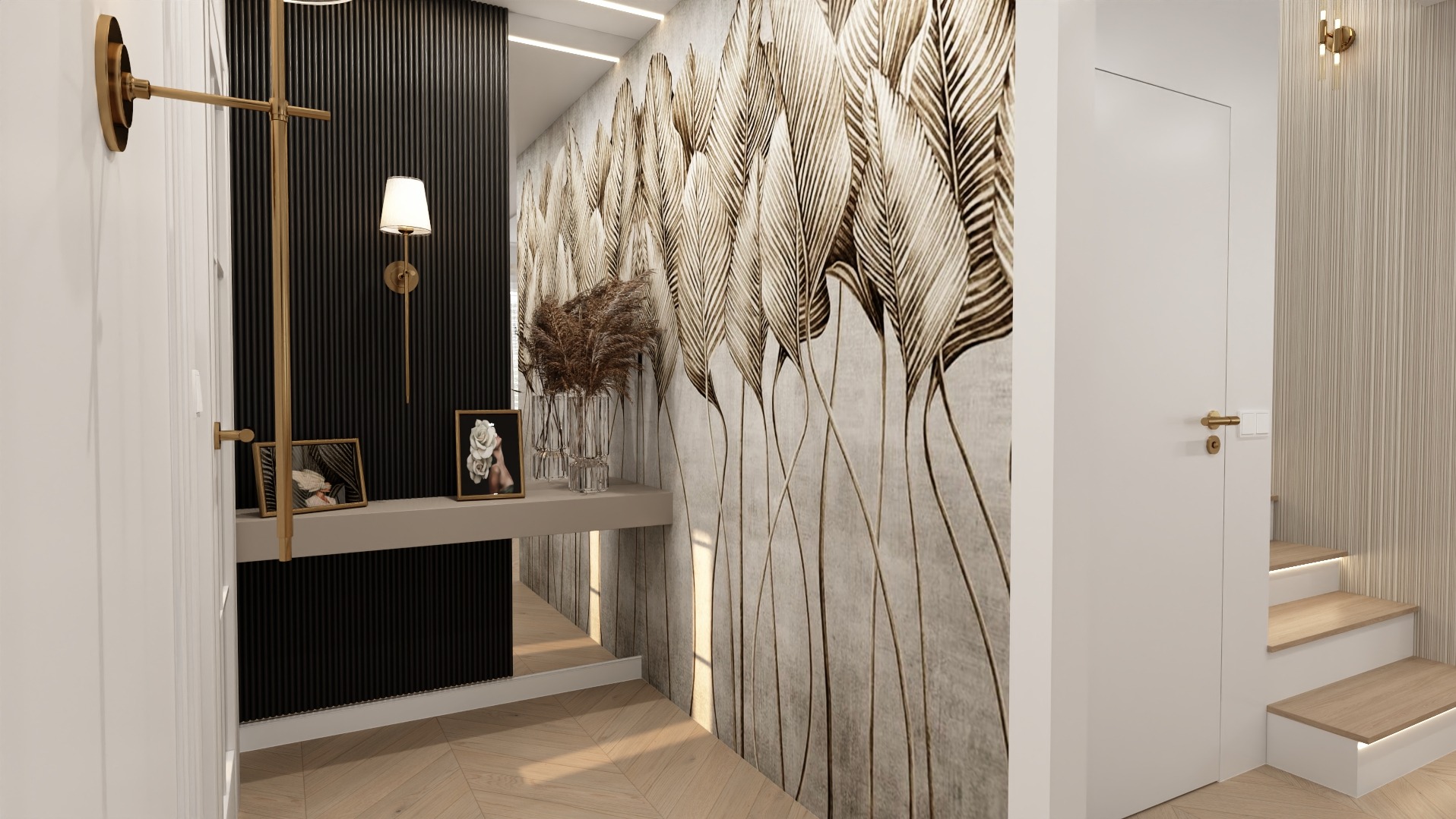 Elegancki przedpokój z tapetą w motywy roślinne, oświetleniem punktowym i subtelnymi dekoracjami. Lustro optycznie powiększa przestrzeń.