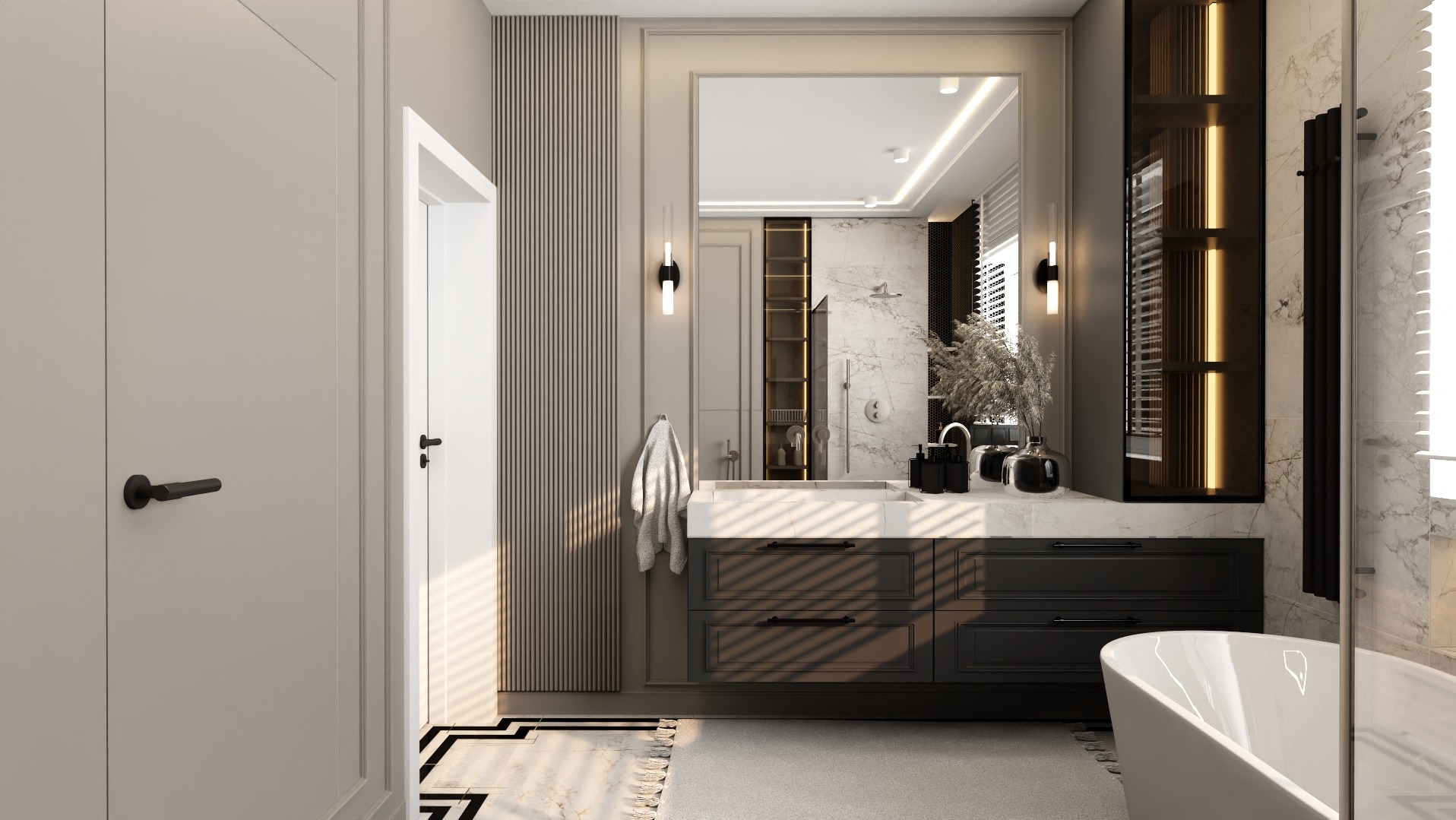 Elegancka łazienka w odcieniach szarości z marmurowymi akcentami. Umywalka z szafką, lustro z oświetleniem, dekoracyjna ściana z lamelami, fragment wanny.