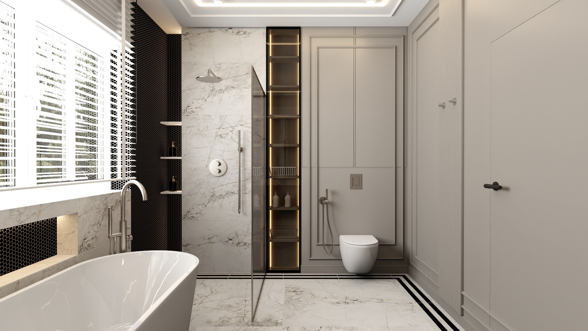 Elegancka łazienka w stylu glamour w Mińsku Mazowieckim. Marmurowe płytki, wolnostojąca wanna i kabina prysznicowa typu walk-in. Nowoczesne oświetlenie i minimalistyczna armatura.