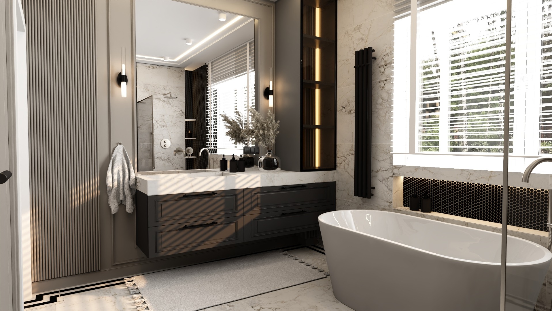 Elegancka łazienka w odcieniach szarości i bieli, z marmurowymi płytkami, nowoczesną armaturą i minimalistycznym oświetleniem. Widoczna wanna i umywalka z szafką.