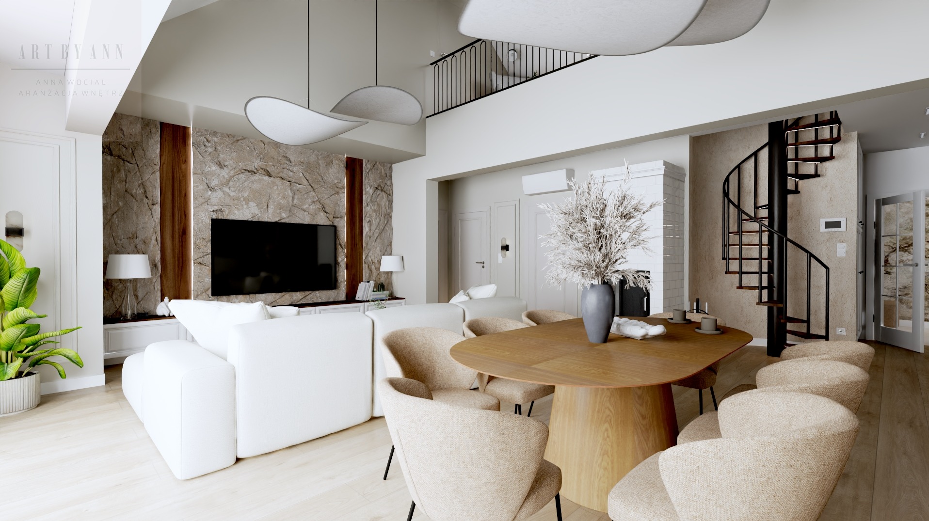 Wnętrze salonu z jadalnią: biała sofa, drewniany stół z krzesłami, spiralne schody, ściana z kamienia, nowoczesne lampy. Aranżacja w jasnych, neutralnych barwach.
