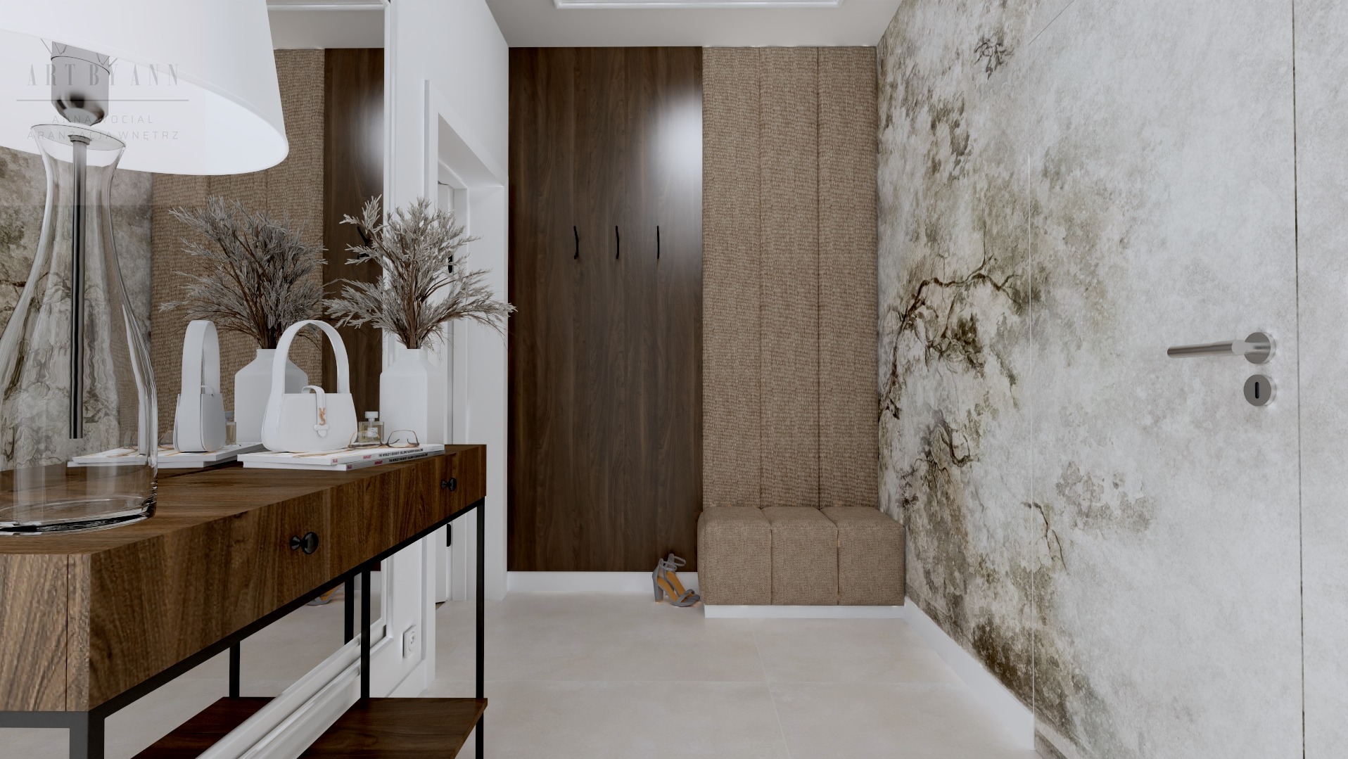 Nowoczesny przedpokój z drewnianą konsolą, dekoracyjną tapetą w odcieniach szarości i brązu oraz minimalistyczną szafą w zabudowie. Uwagę przykuwa designerska lampa.
