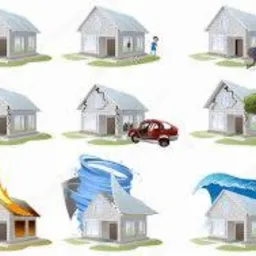 Zestaw dziewięciu ilustracji przedstawiających domy w różnych sytuacjach zagrożenia: uszkodzony przez piłkę, pęknięty, zderzony z samochodem, przewrócony przez wiatr, zalany wodą, w płomieniach...