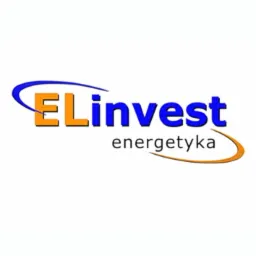 Logo firmy ELinvest energetyka z niebiesko-pomarańczowymi elementami graficznymi na białym tle.