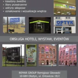 Kolaż zdjęć przedstawiających różne realizacje wizualizacji obiektów komercyjnych: kasetony świetlne, litery przestrzenne, witryny sklepowe, oznakowanie i wizualizacja wnętrz. Widoczne szyldy...