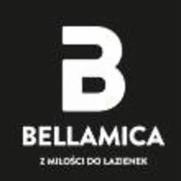Logo firmy Bellamica z dużym, białym znakiem 'B' na czarnym tle, pod nim nazwa firmy 'BELLAMICA' oraz hasło 'Z MIŁOŚCI DO ŁAZIENEK'.