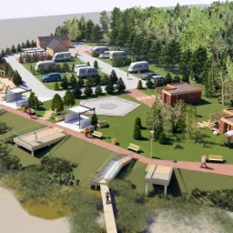 Wizualizacja 3D zagospodarowania terenu rekreacyjnego z domkami letniskowymi, placem zabaw, campingiem dla samochodów, pomostami widokowymi nad wodą i ścieżkami spacerowymi.
