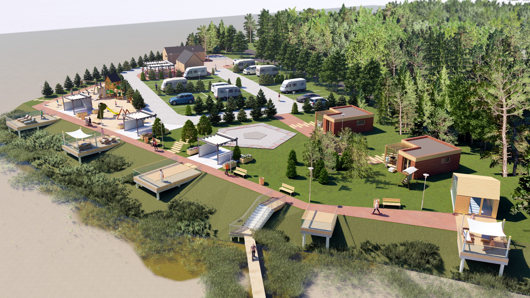 Wizualizacja 3D zagospodarowania terenu rekreacyjnego z domkami letniskowymi, placem zabaw, campingiem dla samochodów, pomostami widokowymi nad wodą i ścieżkami spacerowymi.