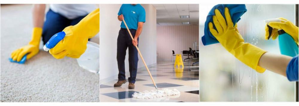 Kolaż trzech ujęć: czyszczenie dywanu z użyciem szczotki i sprayu, mopowanie podłogi w biurze z żółtym znakiem ostrzegawczym, mycie okna płynem i ściereczką, wszystkie czynności wykonywane...