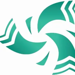 Abstrakcyjne logo w odcieniach zieleni z trzema stylizowanymi elementami wirującymi wokół centralnego punktu.