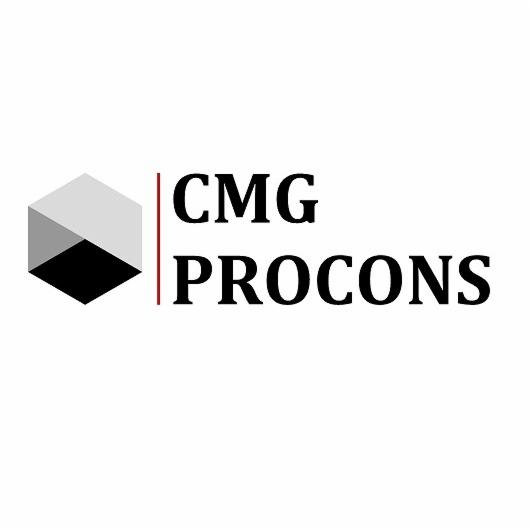 Logo firmy CMG PROCONS z szarym sześcianem po lewej stronie i pionową czerwoną linią oddzielającą nazwę firmy.
