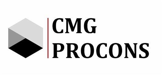 Logo firmy CMG Procons z geometrycznym symbolem sześcianu w odcieniach szarości po lewej stronie i pionową bordową linią oddzielającą od nazwy firmy zapisaną czcionką serifową.