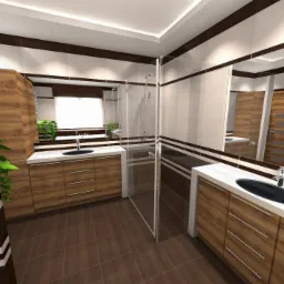 Wizualizacja nowoczesnej łazienki z drewnianymi szafkami, białymi blatami i kabiną prysznicową ze szkła, uzupełniona o rośliny doniczkowe i brązowe płytki podłogowe.