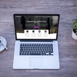 Usługi informatyczne Krystian Widźgowski - Laptop wyświetlający stronę internetową firmy Inter Plot, zajmującej się ogrodzeniami przemysłowymi, obok filiżanka kawy i mała roślina doniczkowa na drewnianym biurku.