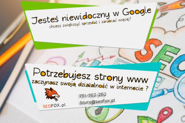 Dwie wizytówki na tle rysunków tematycznych SEO. Górna wizytówka z pytaniem o widoczność w Google, dolna oferuje pomoc w stworzeniu strony WWW z logo firmy SEOFOX.pl i danymi kontaktowymi.