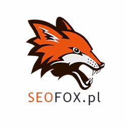 Grafika przedstawia logo firmy SEOFOX.pl z wizerunkiem pomarańczowego lisa z otwartym pyskiem na białym tle.