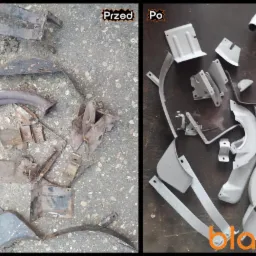 Porównanie stanu elementów metalowych przed i po renowacji: zardzewiałe części na betonowym podłożu po lewej stronie, a po prawej te same elementy pokryte jasnoszarą farbą na ciemnym tle,...