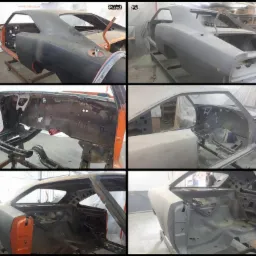 Fotografia kolażu przedstawia karoserię samochodu przed i po renowacji, w tym usunięcie rdzy i nałożenie podkładu.