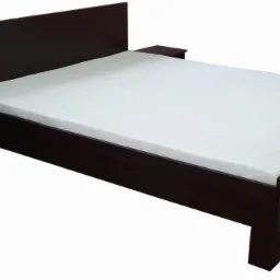 Ciemnobrązowe łóżko z zagłówkiem i dwiema szafkami nocnymi o minimalistycznym designie, z białym materacem, na białym tle.