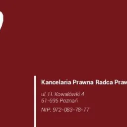 Logo Kancelarii Prawnej Radcy Prawnego MS na bordowym tle, zawierające adres w Poznaniu i numer NIP.
