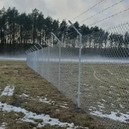 Długi odcinek ogrodzenia z siatki z drutem kolczastym na górze, rozciągający się wzdłuż pola z resztkami śniegu, z lasem w tle pod pochmurnym niebem.