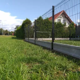 Nowoczesne, czarne ogrodzenie panelowe z podmurówką betonową, widok z poziomu trawy, w tle dom z czerwonym dachem i zielone tuje.