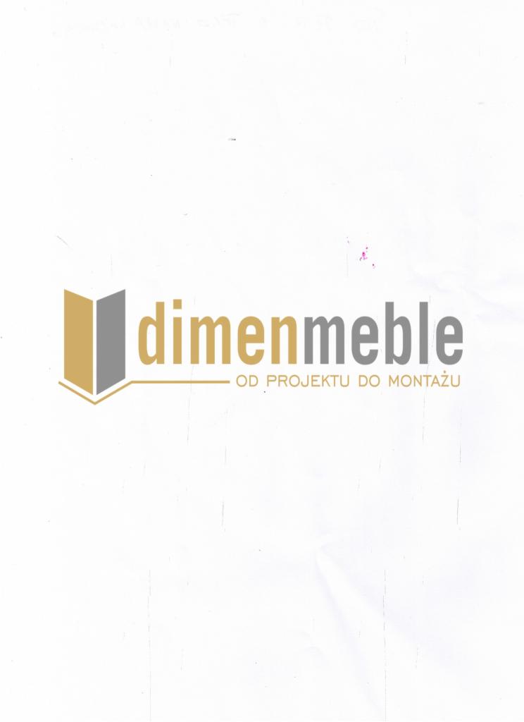Logo firmy 'dimenmeble' z hasłem 'OD PROJEKTU DO MONTAŻU', stylizowane na otwartą książkę w kolorach złotym i szarym.