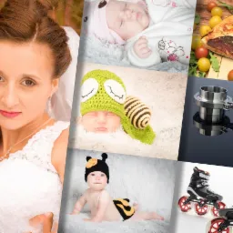 Kompozycja zdjęć: para w strojach ślubnych, śpiące niemowlęta w różnych nakryciach głowy, pizza z pomidorami i rukolą, elementy metalowe z połyskiem, rolki z czerwonymi kółkami.