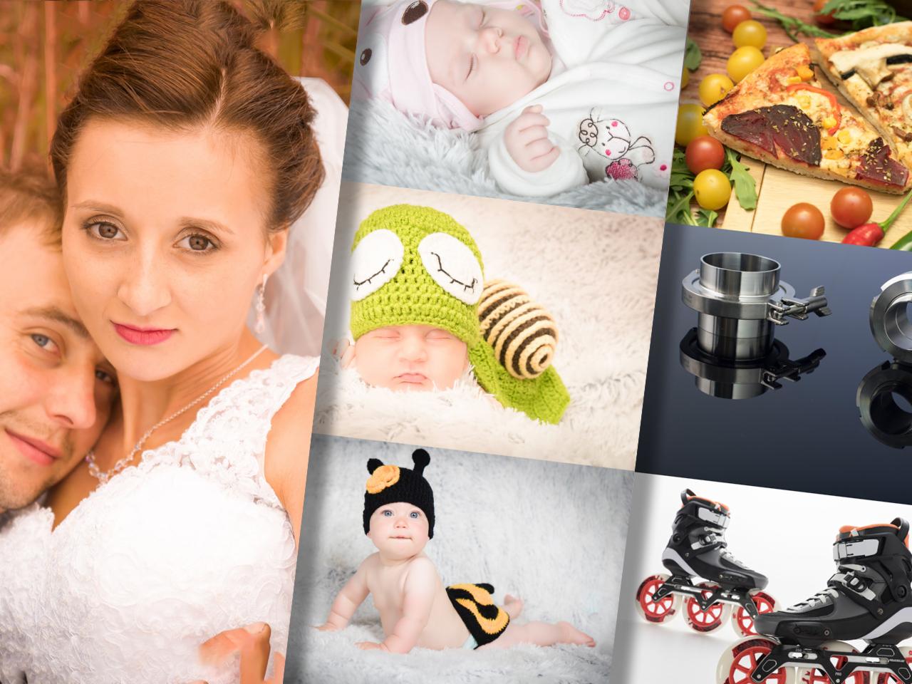 Kompozycja zdjęć: para w strojach ślubnych, śpiące niemowlęta w różnych nakryciach głowy, pizza z pomidorami i rukolą, elementy metalowe z połyskiem, rolki z czerwonymi kółkami.