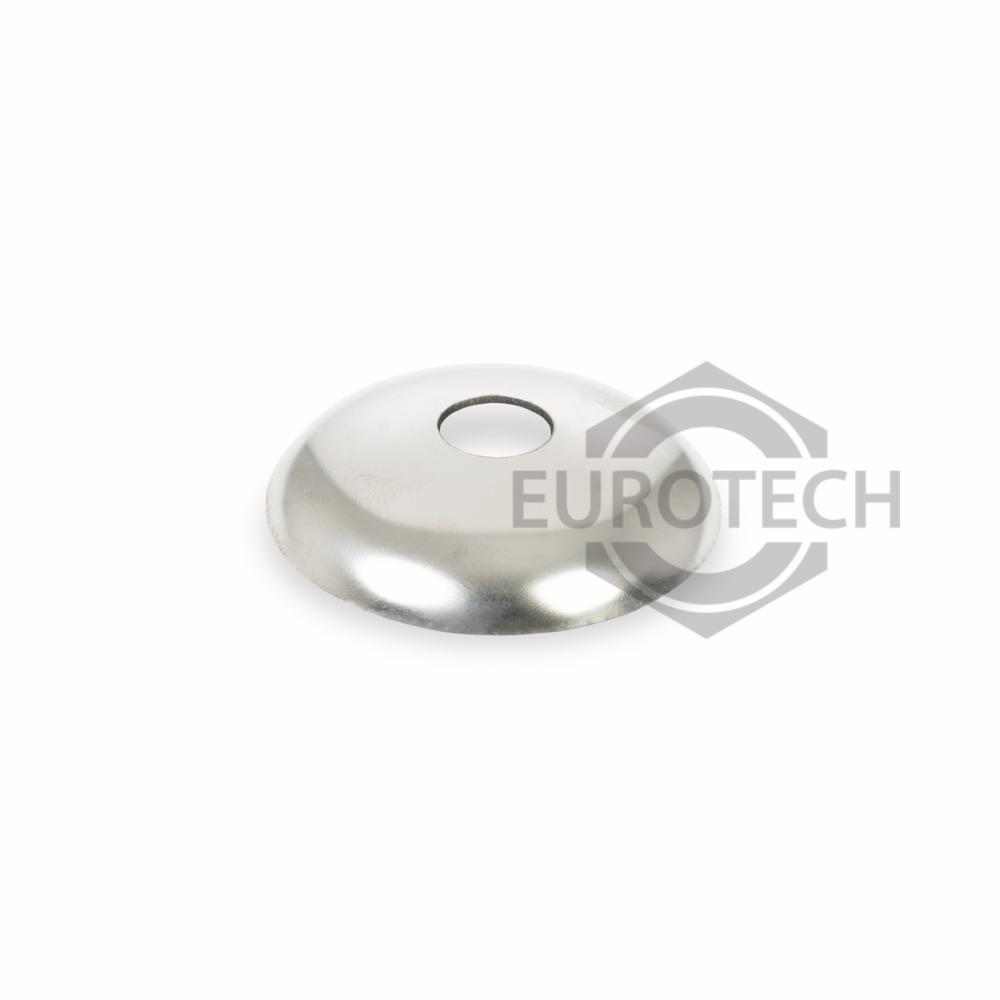 Metalowa podkładka z otworem, na białym tle, z częściowo widocznym logo firmy EUROTECH.