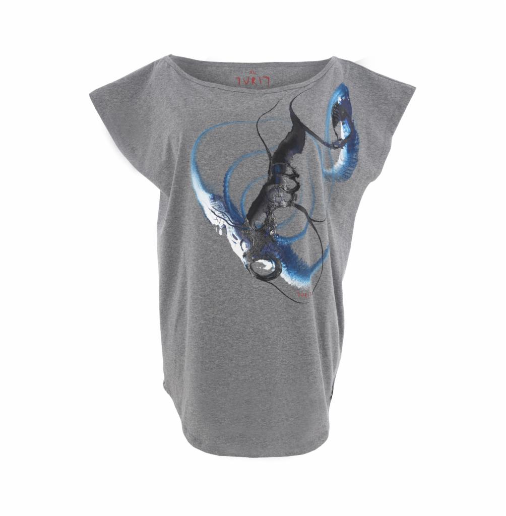 Szara koszulka damska z abstrakcyjnym, niebiesko-czarnym nadrukiem przypominającym kałamarnicę, na białym tle.