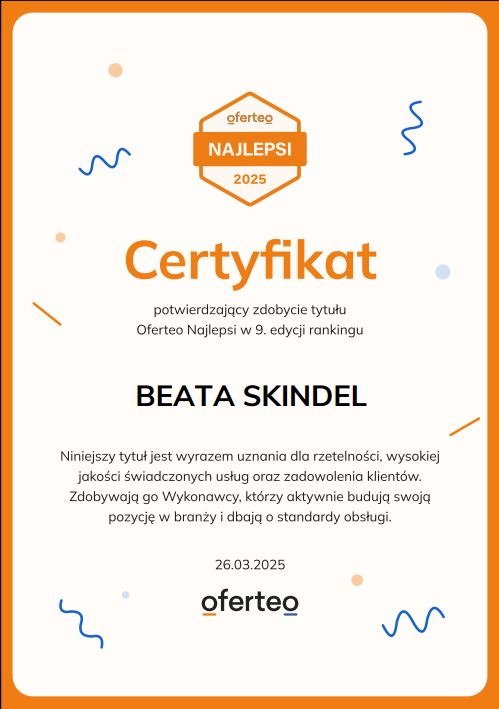 Certyfikat Oferteo Najlepsi 2025 dla Beaty Skindel, potwierdzający wysoką jakość świadczonych usług i zadowolenie klientów.