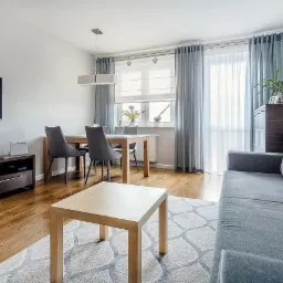 Jasne, nowocześnie urządzone wnętrze mieszkania z drewnianą podłogą, szarymi zasłonami, szarą sofą i drewnianym stołem z krzesłami. Na ścianie wisi telewizor. Na parapecie okiennym widoczne rośliny...