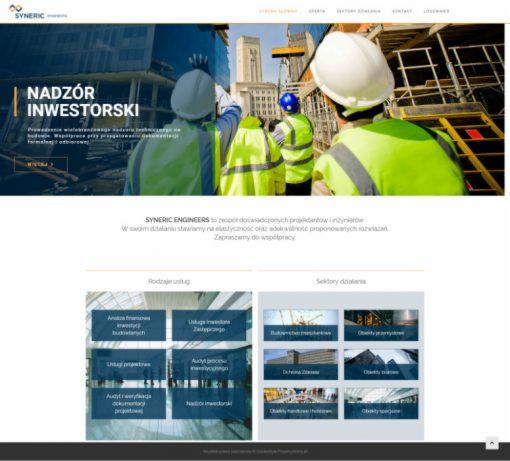 Strona internetowa firmy z branży budowlanej, na pierwszym planie trzech inżynierów w kamizelkach odblaskowych i kaskach na tle placu budowy i wysokiego budynku.