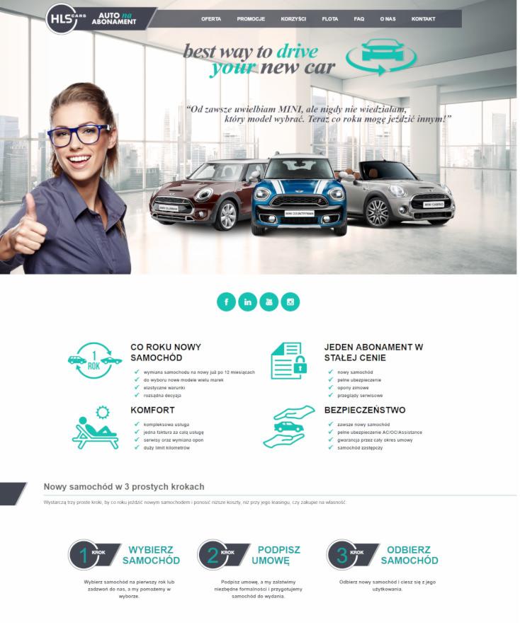 Strona internetowa z ofertą wynajmu samochodów na abonament. Uśmiechnięta kobieta w okularach pokazuje kciuk w górę. W tle trzy samochody marki Mini Cooper w różnych kolorach: czerwony, niebieski...
